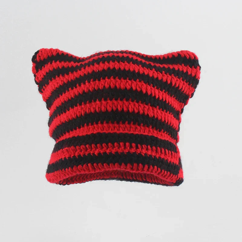 Knit Striped Beanie: Cozy Headwear Cute Cat Ears Essential