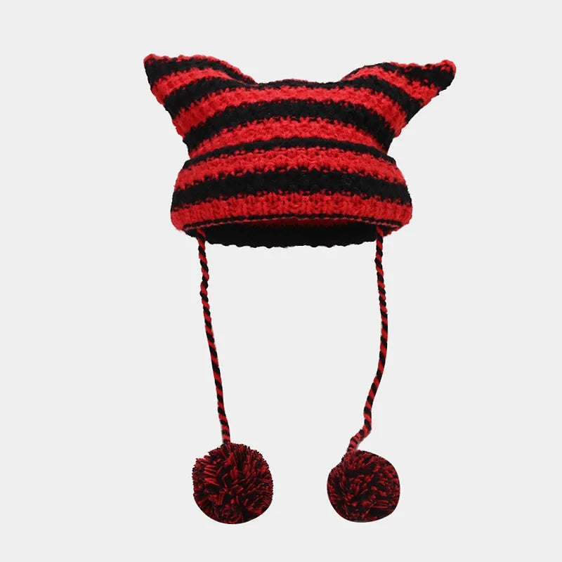 Knit Striped Beanie: Cozy Headwear Cute Cat Ears Essential