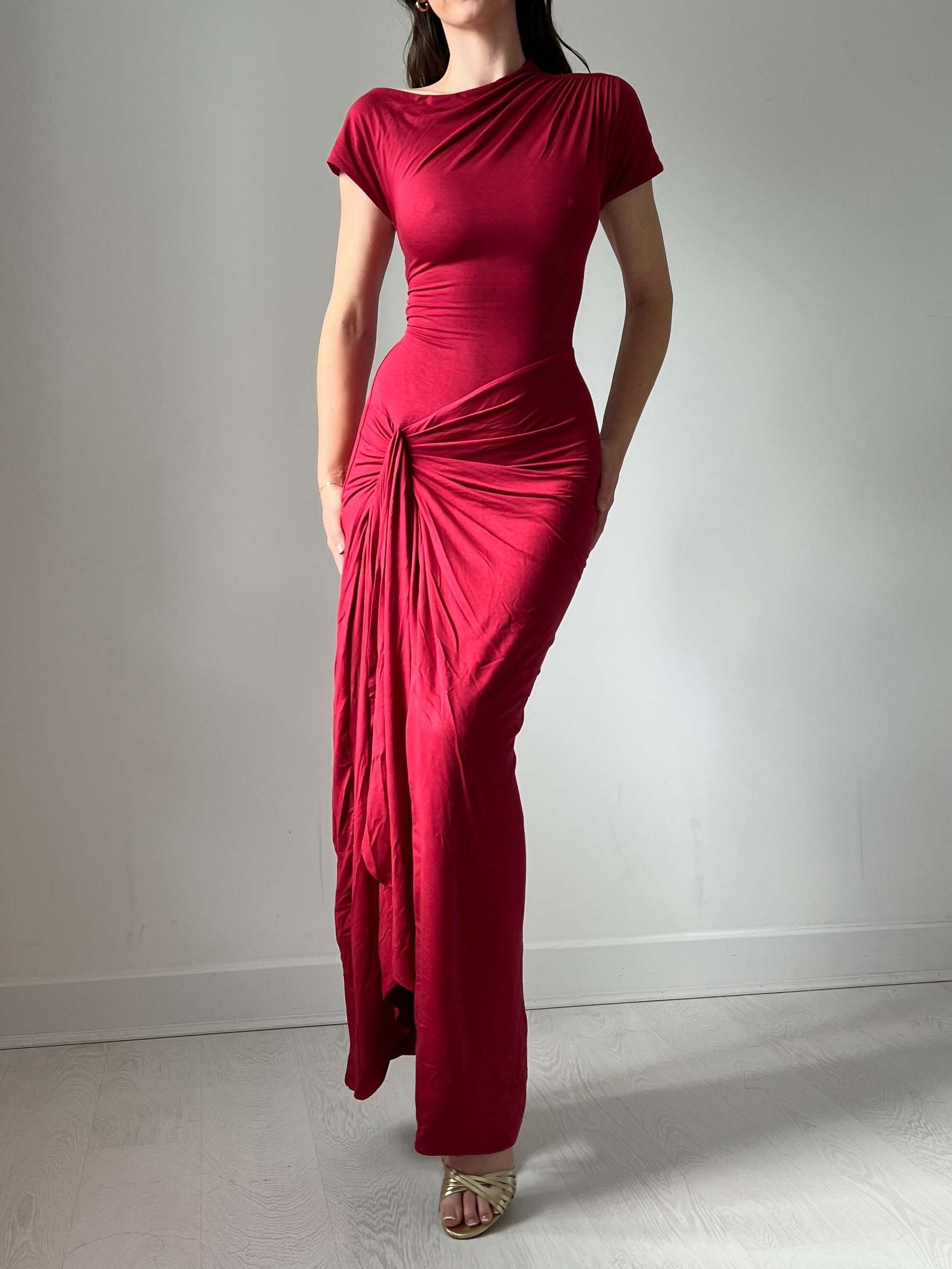 Elegant Round Neck Twist Slit Slim Sexy Long Skirt