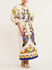 Exquisite And Fun Printed Puff Sleeves Loose Casual Midi Dress