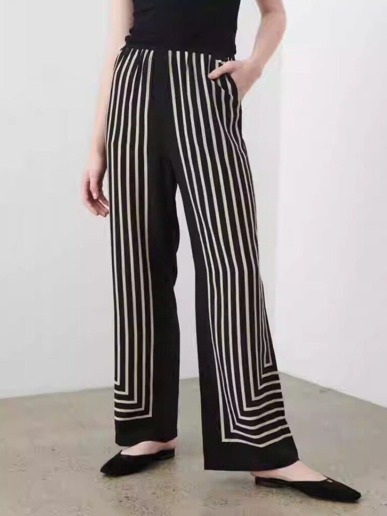 Exquisite Satin Classic Stripe Loose Wide-Leg Pants