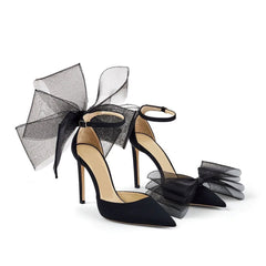 Asymmetric Bow Detail Pointed Toe Ankle Strap Stiletto Pumps - Black