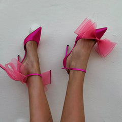 Asymmetric Bow Detail Pointed Toe Ankle Strap Stiletto Pumps - Fuchsia