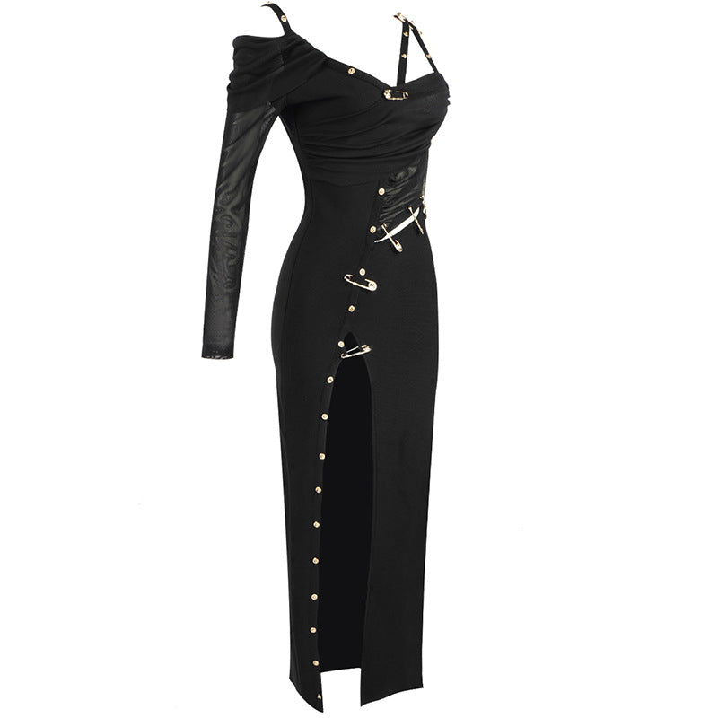 Asymmetric High Slit Pin Trim Cutout Drape Bandage Maxi Dress - Black