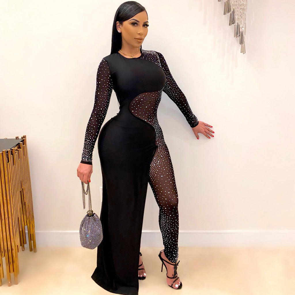 Asymmetrical Sheer Mesh Panel Crew Neck Long Sleeve Rhinestone Jumpsuit