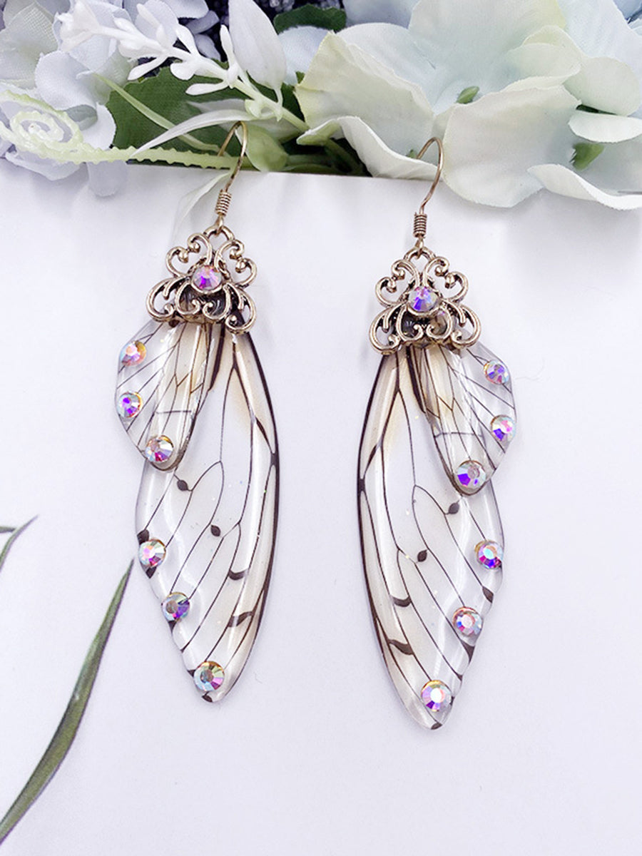 Butterfly Wing Grey Rhinestone Cicada Wing Crystal Earrings