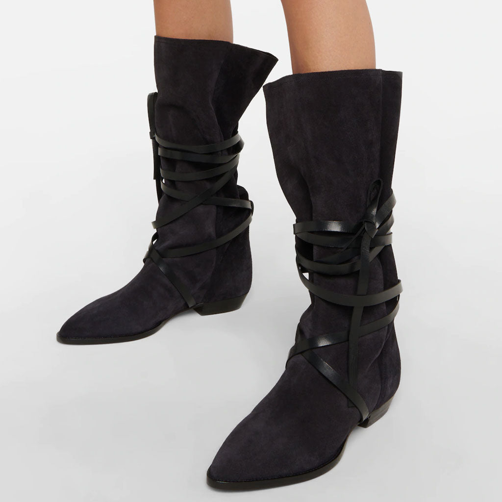 Bohemian Strappy Knee High Pointed Toe Suede Low Block Boots - Black