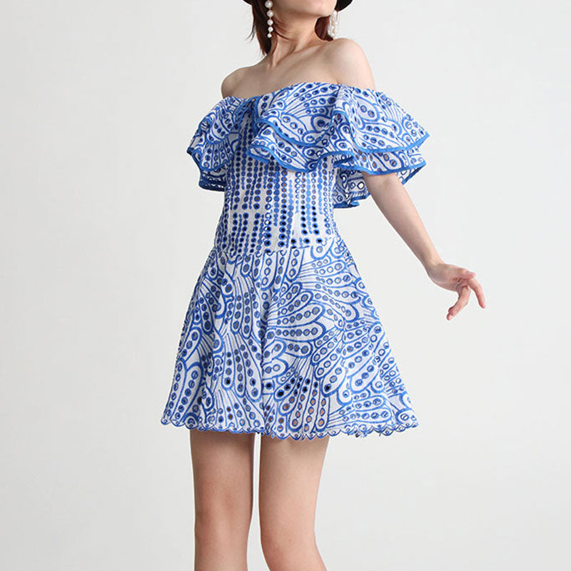 Boho Ruffled Off the Shoulder Smocked Back Broderie Anglaise Mini Dress