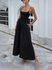 Fashionable Spaghetti Strap Solid Color Slit Midi Dress