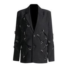 Catch The Star Metallic Trim Lapel Collar Shoulder Pad Oversized Cutout Blazer