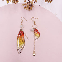 Butterfly Wing Orange Gold Foil Cicada Wing Tassel Earrings