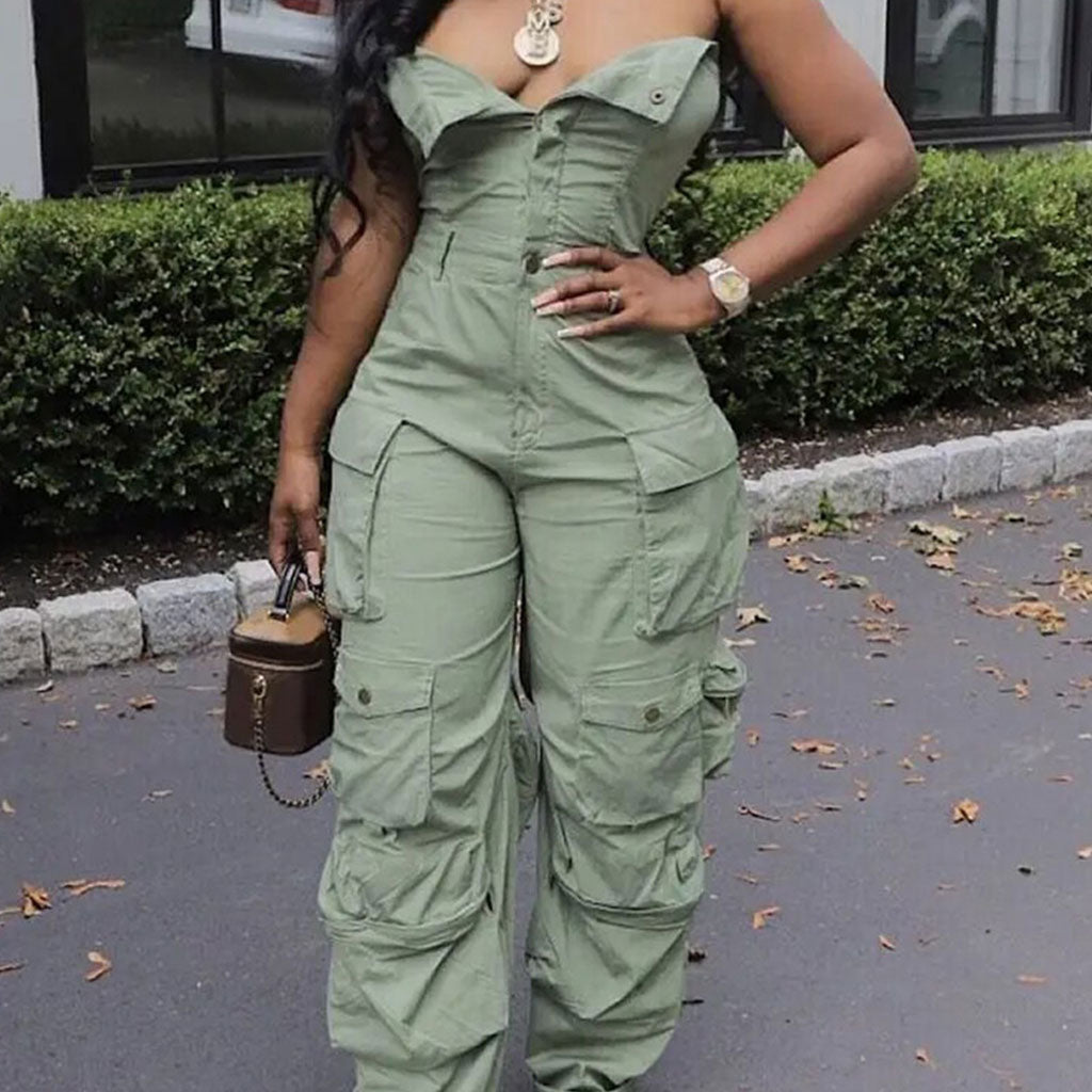 Chic Button Front Cargo Pocket Strapless Wide Leg Denim Jumpsuit