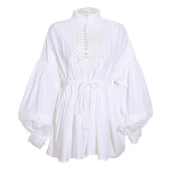 Classy Mandarin Collar Half Button Pleated Bishop Sleeve Belted Oversized Blouse