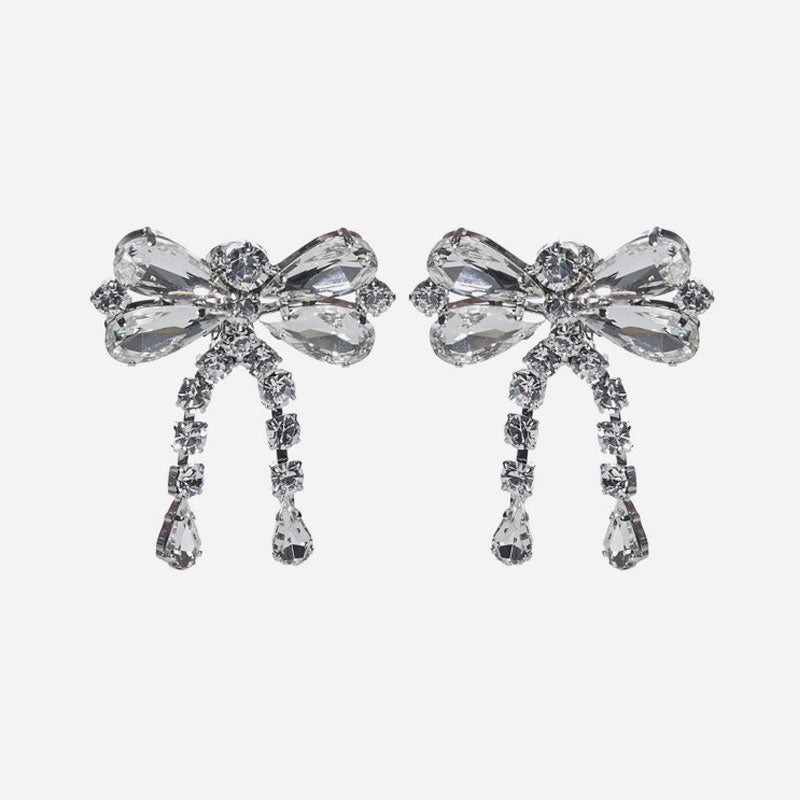 Cute Plated Rhinestone Embellished Bow Motif Drop Earrings - Silver