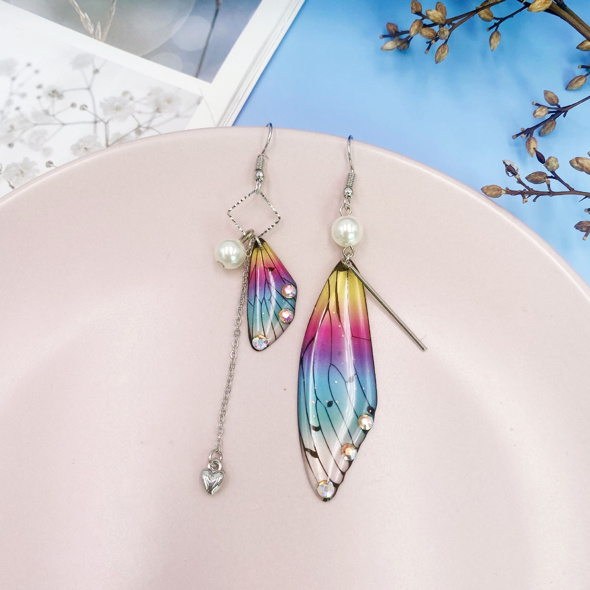 Butterfly Wing Rainbow Gold Foil Cicada Wing Tassel Earrings