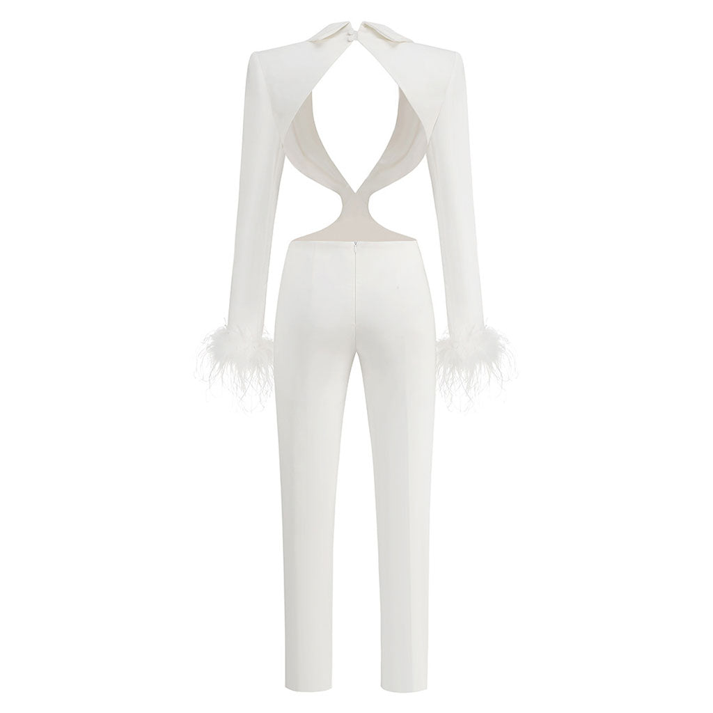 Edge Lapel Collar Cutout Feather Trim Long Sleeve Padded Backless Blazer Jumpsuit