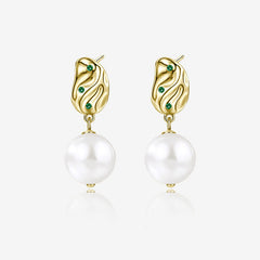 Emerald Cubic Zirconia Hammered Block Baroque Pearl Drop Earrings