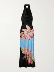 Delicate Satin Halterneck Floral Print Maxi Dress