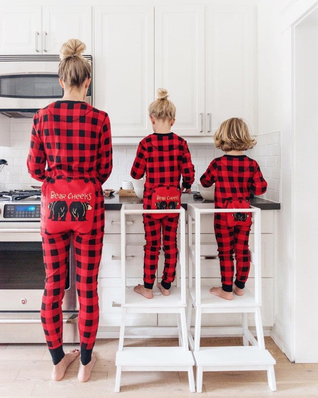 Cute Bear Pattern Plaid Onesies Christmas Family Matching Pajamas Set