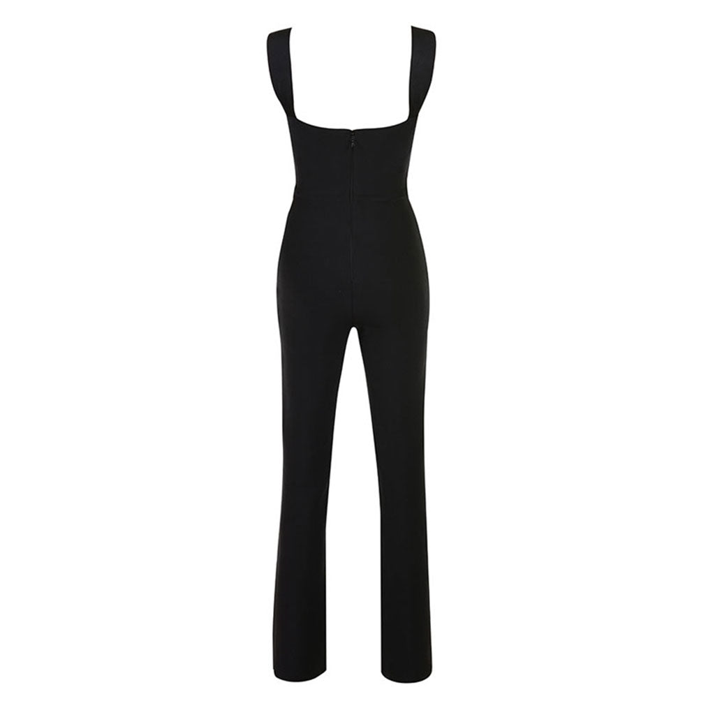 Sexy Cutout Square Neck Suspender Strap Straight Leg Bandage Jumpsuit