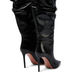 Slouchy Faux Leather Over Knee Pointed Toe Stiletto Boots - Black