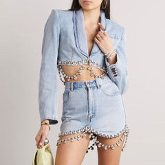 Sparkly Crystal Embellished Lapel Collar Long Sleeve Cropped Denim Blazer