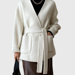 Belted Cardigan with Pockets - Beige