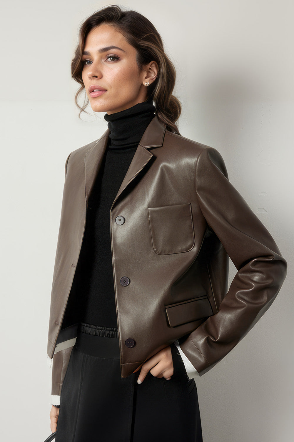 Classic Short Leather Jacket - Brown