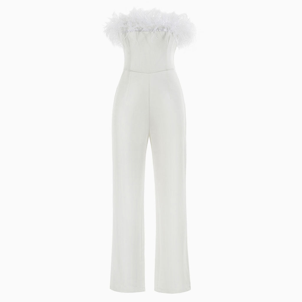 Unique Feather Trim Strapless Wide Leg Jumpsuit - White