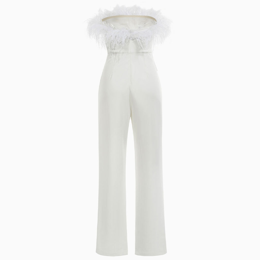 Unique Feather Trim Strapless Wide Leg Jumpsuit - White